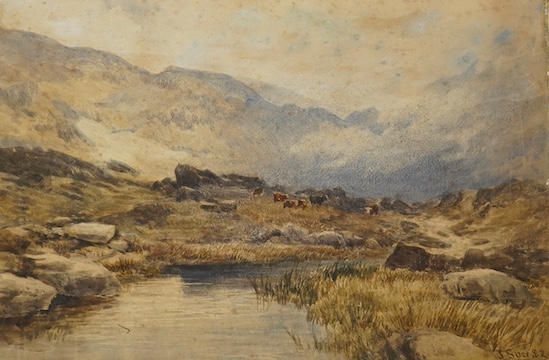 John Syer RI (1815-1885), watercolour, Scottish landscape with highland cattle, signed, unframed, 35 x 52cm. Condition - poor